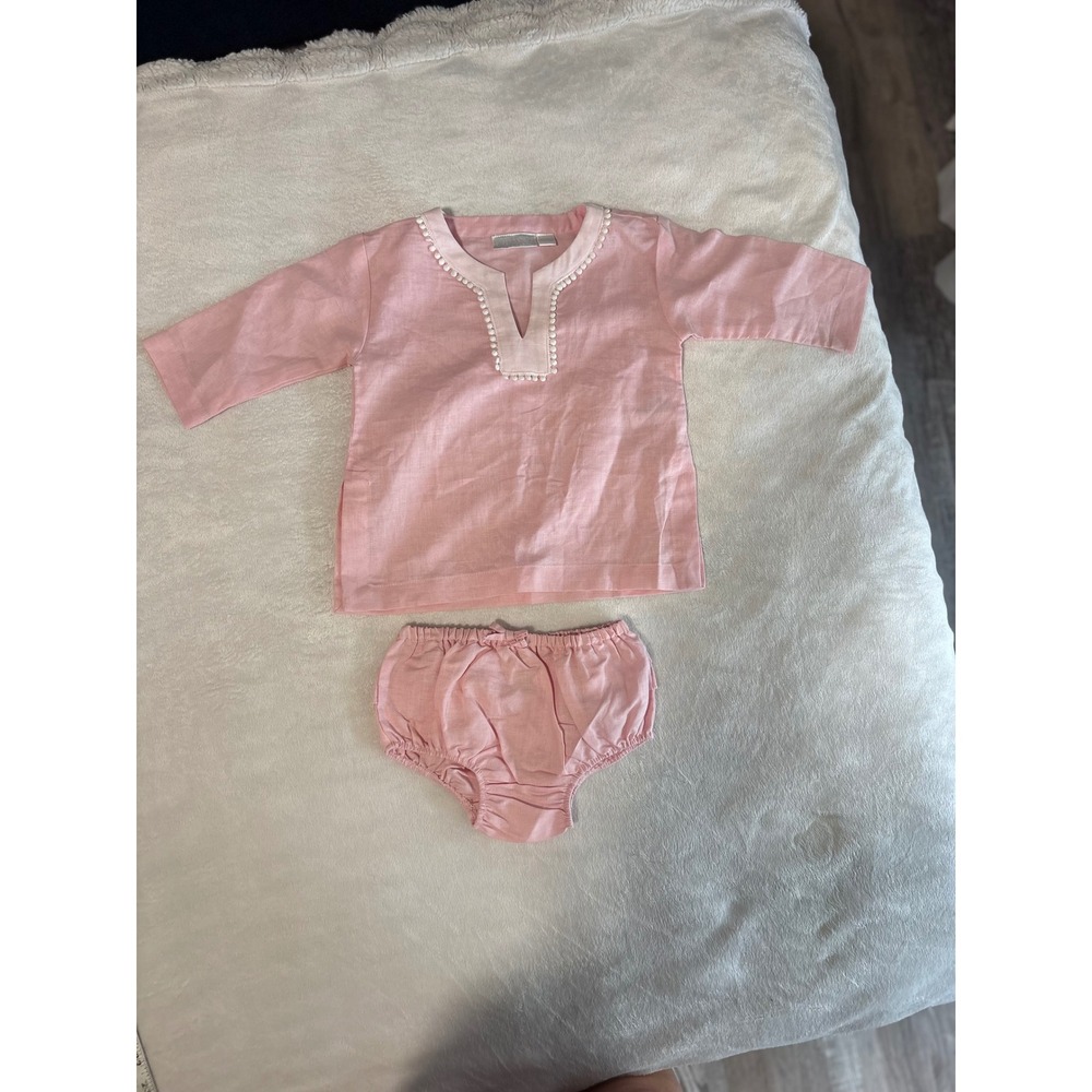 Elegant Baby Pink Linen Cotton Tunic and Ruffle Bloomer Set 9-12 Months